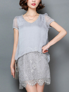 Grey Shift Above Knee Plus Size V Neck Lace Dress for Casual Office Evening Party