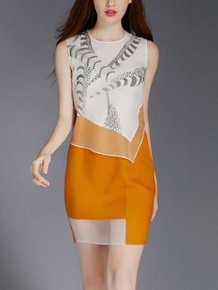 Orange and White Sheath Above Knee Plus Size Dress for Casual Party Evening Office
