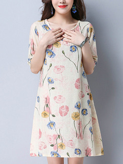 Beige Colorful Shift Above Knee Plus Size Floral Dress for Casual Party
