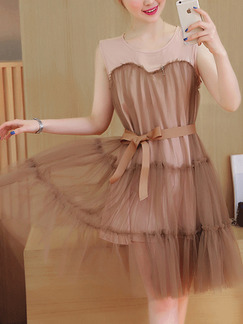 Brown Shift Above Knee Plus Size Pleated Dress for Casual Party Evening Nightclub