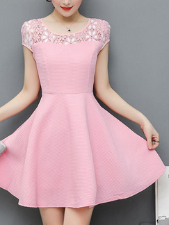 Pink Cute Fit & Flare Above Knee Plus Size Floral Dress for Casual Party Evening Nightclub