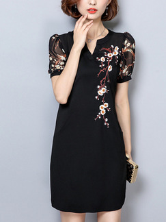 Black Sheath Above Knee Plus Size Floral V Neck Dress for Casual Office Evening