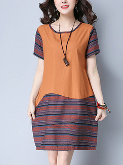 Orange and Red Shift Above Knee Plus Size Dress for Casual Office Party Evening