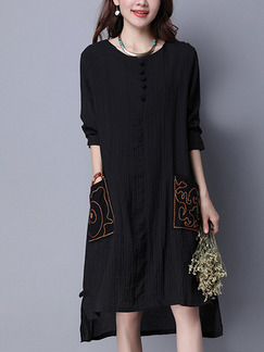 Black Shift Knee Length Plus Size Long Sleeve Dress for Casual