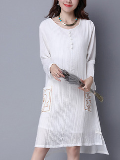 White Shift Knee Length Plus Size Long Sleeve Dress for Casual