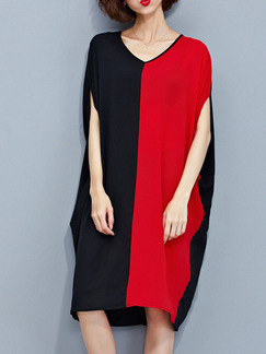 Black and Red Shift Knee Length Plus Size V Neck Dress for Casual Party