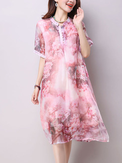 Pink Shift Knee Length Plus Size Cute Floral Dress for Casual Party