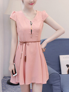 Pink Shift Above Knee Plus Size V Neck Cute Dress for Casual Party Evening