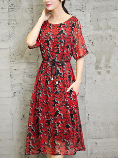 Red and Black Shift Midi Plus Size Floral Dress for Casual
