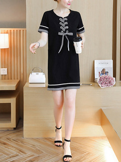 Black Knitted Contrast Band Loose Plus Size Shift Above Knee Dress for Casual