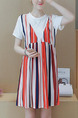 Red Blue and White Stripe Shift Above Knee Plus Size Dress for Casual Party
