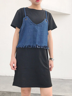 Black and Blue Two Piece Shift Above Knee Denim Dress for Casual Party
