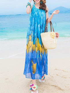 Blue Colorful Shift Maxi Slip Dress for Casual Beach
