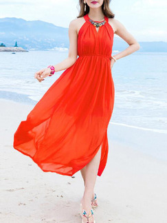 Red Halter Midi Dress for Casual Beach