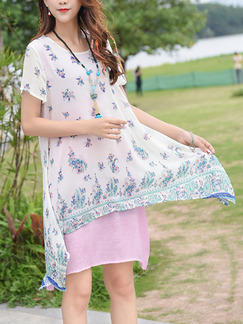 White and Pink Shift Above Knee Plus Size Dress for Casual Beach