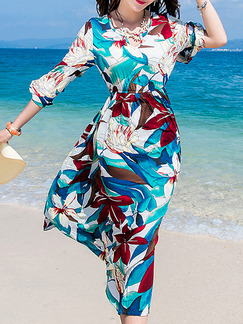 Blue Colorful Midi Floral Dress for Casual Beach