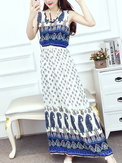 White and Blue Colorful Maxi Plus Size Dress for Casual Beach