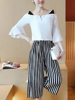 Black and White Stripe Two Piece Shirt Pants Plus Size Wide Leg Jumpsuit for Casual Office Evening