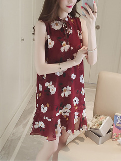 Red and White Shift Above Knee Plus Size Floral Dress for Casual Party Evening