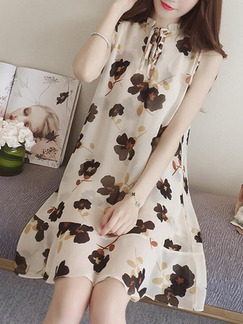 Beige and Black Shift Above Knee Plus Size Floral Dress for Casual Party Evening