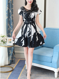 Black and White Fit & Flare Above Knee Plus Size Lace Dress for Casual Evening Party Nightclub