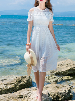 White Fit & Flare Midi Lace Dress for Casual Beach