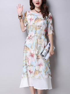Blue Colorful Shift Midi Plus Size Floral Dress for Casual Beach