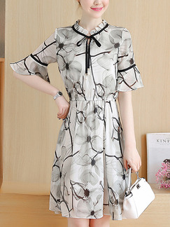 Black and White Fit & Flare Above Knee Plus Size Floral Dress for Casual Office Party Evening