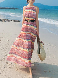 Pink Colorful Maxi Slip Halter Dress for Casual Beach
