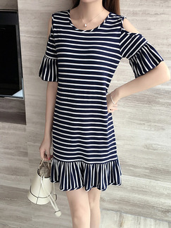 Black and White Stripe Shift Above Knee Plus Size Dress for Casual Party Evening