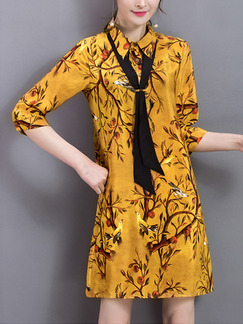 Yellow Printed Band Shirt Plus Size Cute Shift Dress for Casual Office Evening