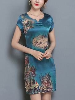 Blue Green Colorful Sheath Above Knee Plus Size Dress for Casual Party Evening