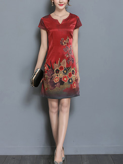 Red Colorful Sheath Above Knee Plus Size Floral Dress for Casual Party Evening