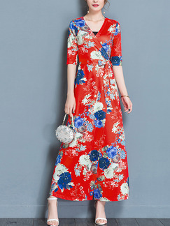 Red Colorful Shift Maxi Plus Size V Neck Wrap Floral Dress for Casual Beach