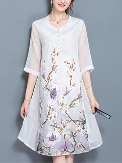 White Colorful Shift Knee Length Plus Size Floral Dress for Casual Party Evening Office