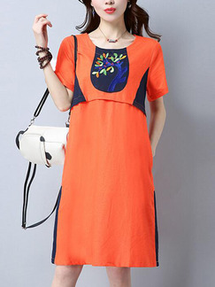 Orange and Blue Shift Above Knee Plus Size Dress for Casual Party