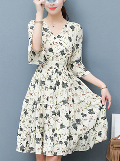 White Colorful Fit & Flare Above Knee Plus Size V Neck Floral Dress for Casual Office Evening Party