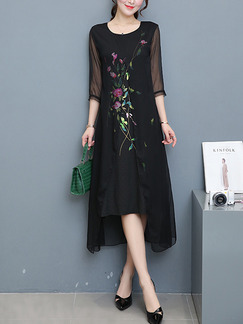 Black Colorful Shift Knee Length Plus Size Floral Dress for Casual Party Evening Office
