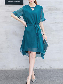 Blue Green Fit & Flare Knee Length Plus Size Dress for Casual Party Evening Office