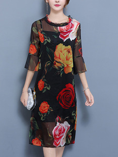Black Colorful Shift Midi Plus Size Floral Dress for Casual Party Evening Office