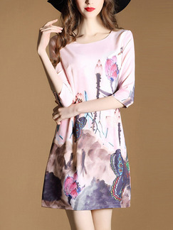Pink Colorful Sheath Above Knee Plus Size Floral Dress for Casual Office Evening Party