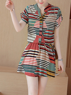 Colorful Stripe Above Knee Plus Size Dress for Casual Office Evening