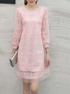 Pink Shift Above Knee Plus Size Lace Cute Dress for Casual Office Evening Party