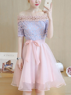 Blue and Pink Fit & Flare Above Knee Plus Size Off Shoulder Lace Cute Dress for Casual Party Evening Nightclub