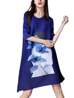 Blue Shift Above Knee Plus Size Floral Dress for Casual Party Evening
