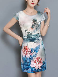 Blue Colorful Sheath Above Knee Plus Size Floral Dress for Casual Party Evening