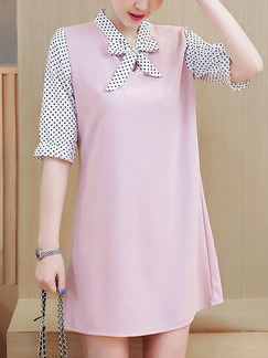 Pink Black and White Polkadot Shift Above Knee Plus Size Cute Dress for Casual Office Evening Party