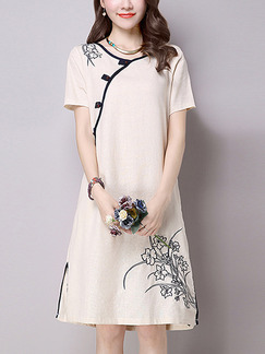 Beige Shift Knee Length Plus Size Dress for Casual Party