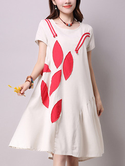 Cream and Red Shift Knee Length Plus Size Dress for Casual Party