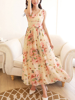 Beige Pink Colorful Fit & Flare Maxi Plus Size Floral Cute Dress for Casual Party